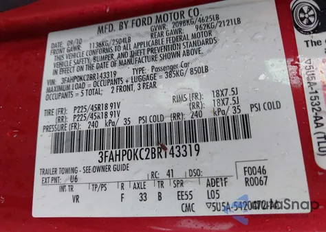 2011 Ford Fusion Sport из США, поврежденный, VIN 3FAHP0KC2BR143319